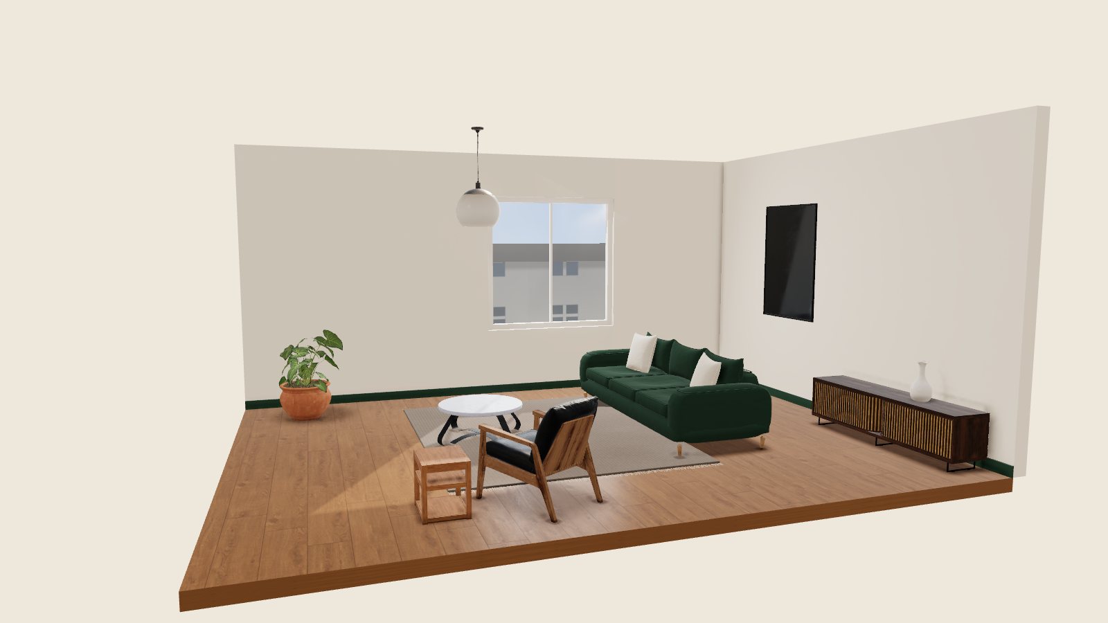 Wohnzimmer bei Tageslicht mit Eichenboden und Sofa in Tannengrün