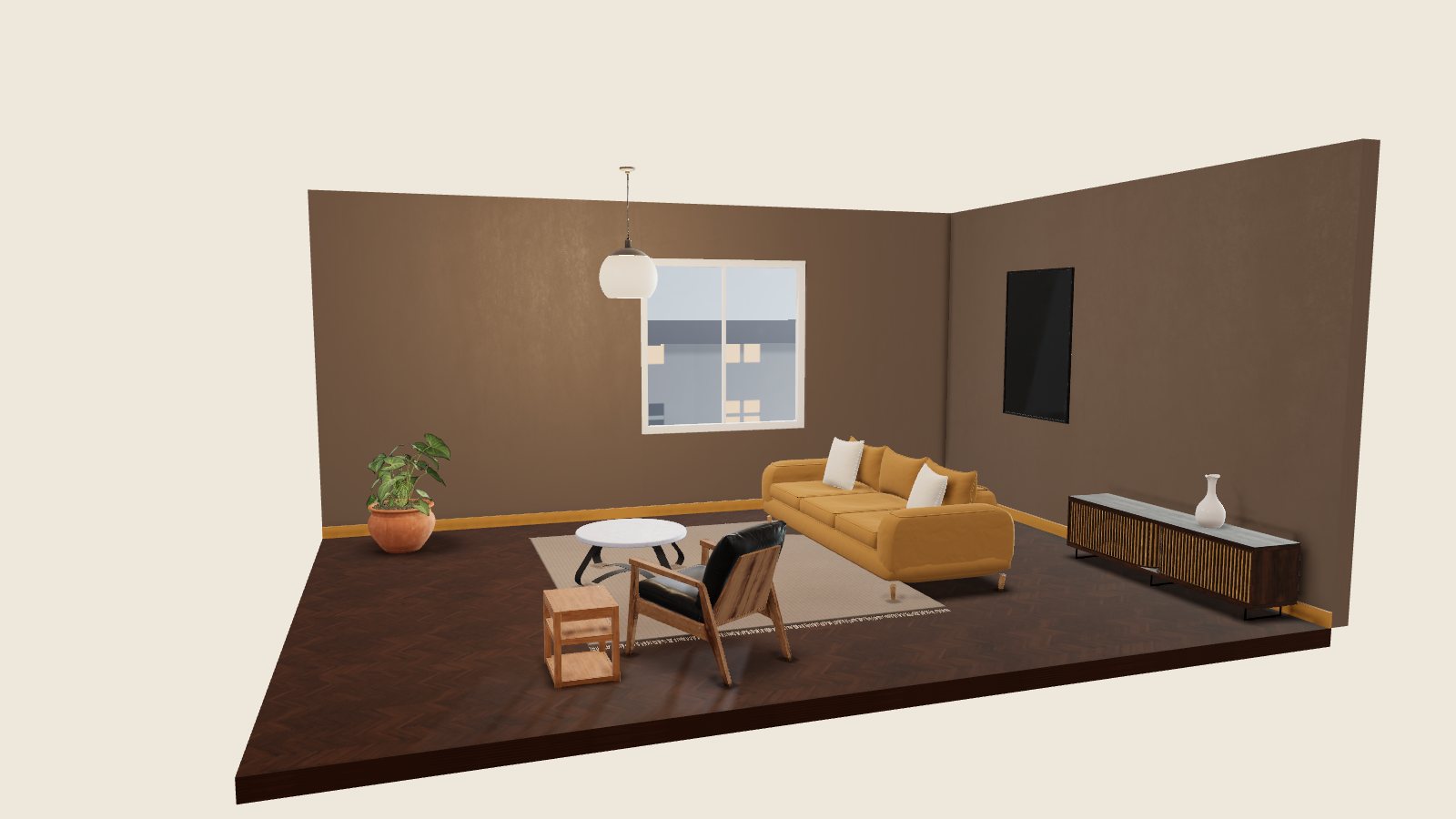 Dasselbe Wohnzimmer in der dunklen Variante mit Räuchereiche und Sofa in Ocker