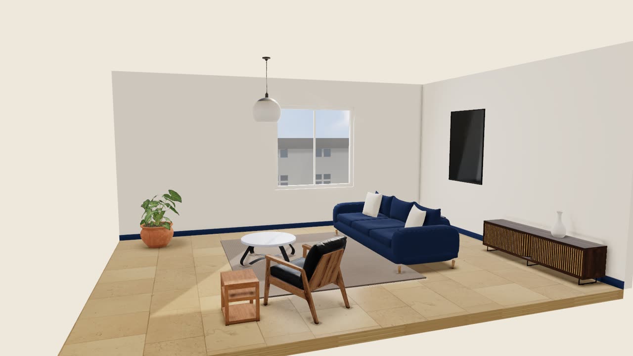 Wohnzimmer im 3D-Raum: Sofa in Nachtblau, heller Travertinboden, Tageslicht