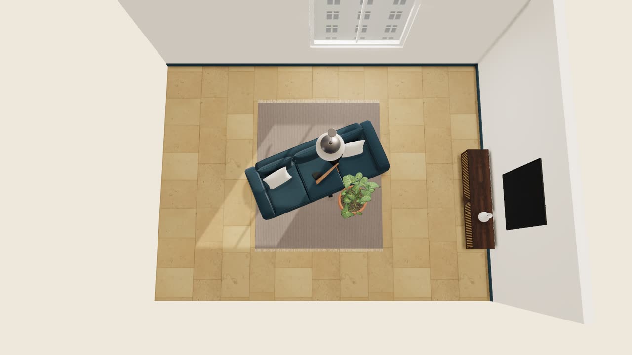 Stellplan aus der Vogelperspektive: dasselbe Wohnzimmer von oben, Sofa in Tannengrün, Teppich, Couchtisch und Sideboard an ihrem Platz