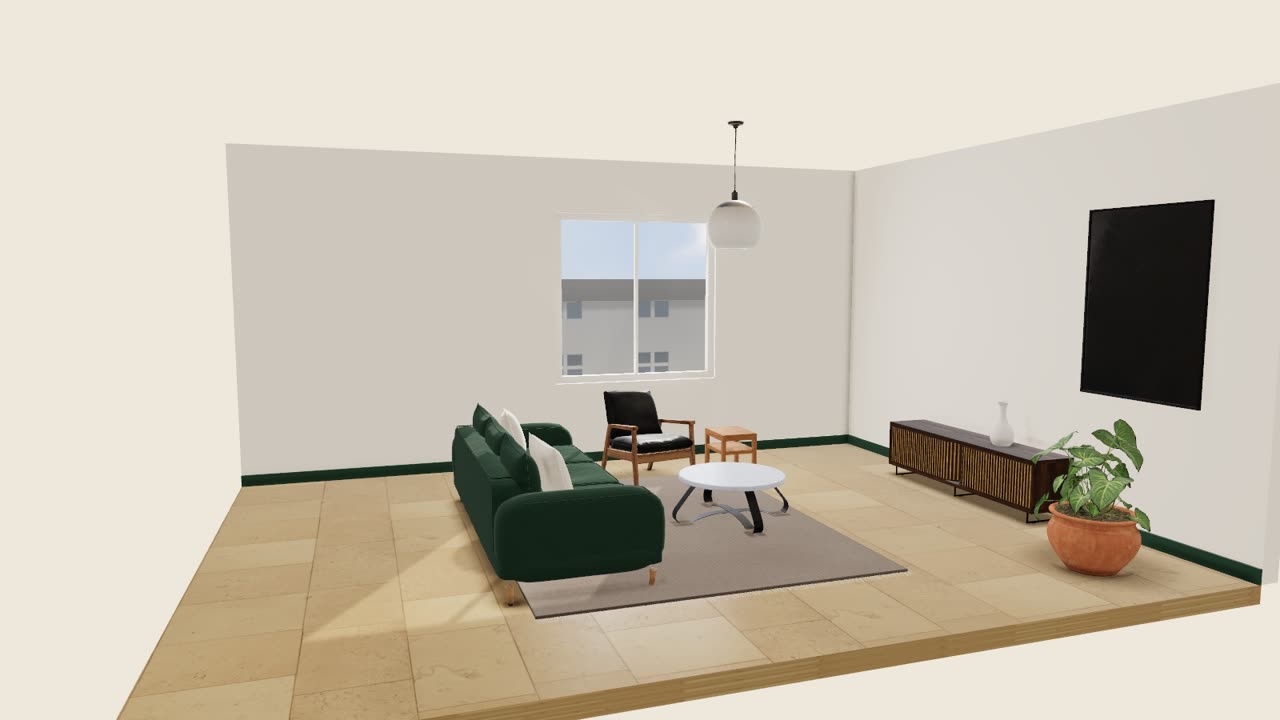 Dasselbe Wohnzimmer umgestellt und fertig eingerichtet: Sofa in Tannengrün, Sessel und Beistelltisch am Fenster